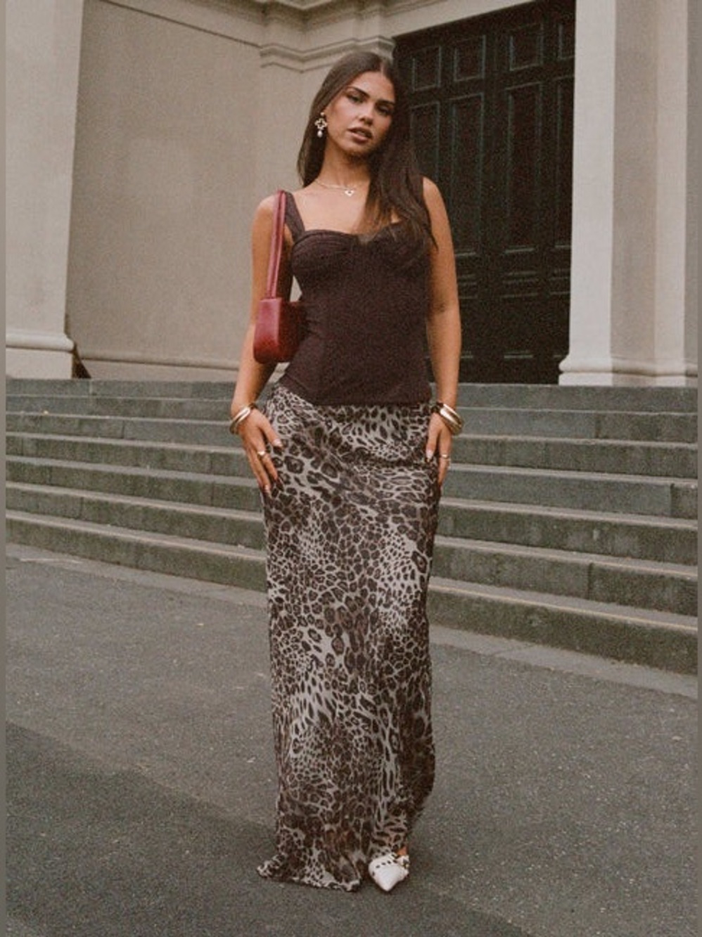Princess Polly Taupe and Black Leopard-Print Maxi Slip Skirt